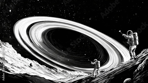 Wallpaper Mural A black-and-white illustration of Saturnâ€™s rings with astronauts playing golf. Torontodigital.ca