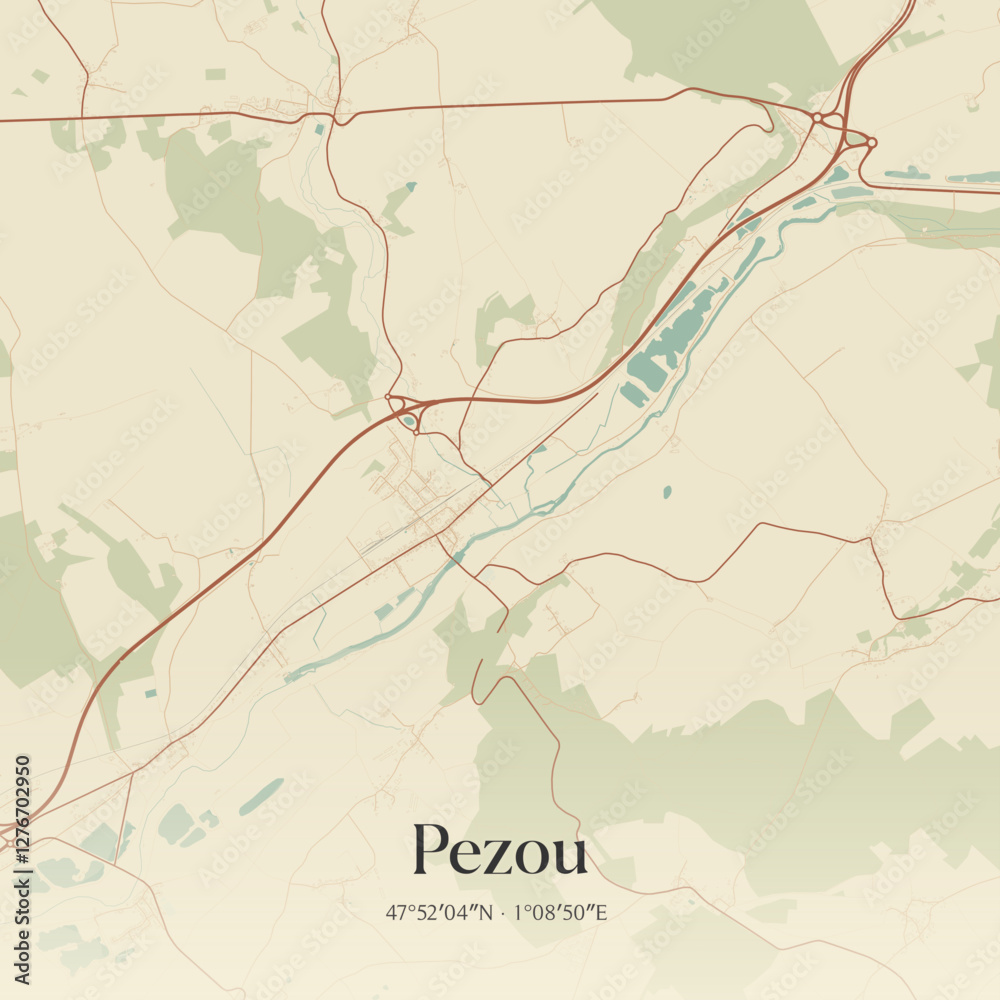 Fototapeta premium Vintage map of Pezou, France.