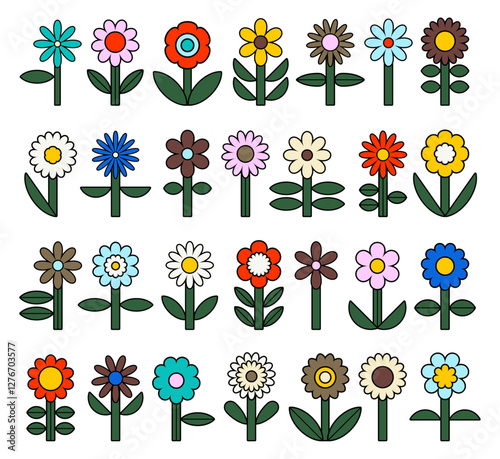 Set of modern flowers in flat geometric style. Elements for posters, cards, print for Easter, Mother's day. 