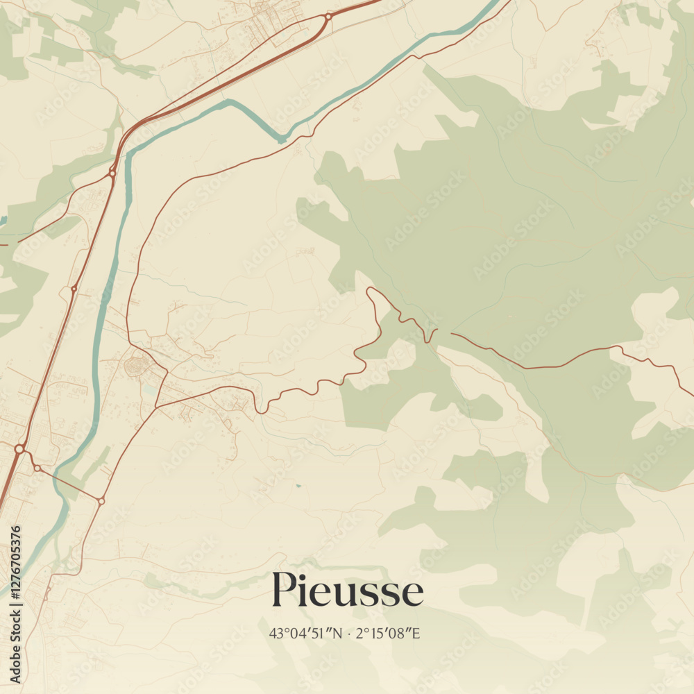 Fototapeta premium Vintage map of Pieusse, France.