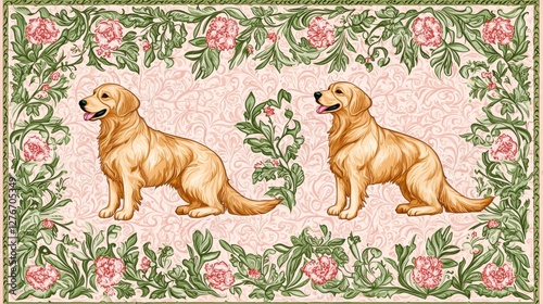 Pair of Golden Retrievers in a Floral Tapestry Design