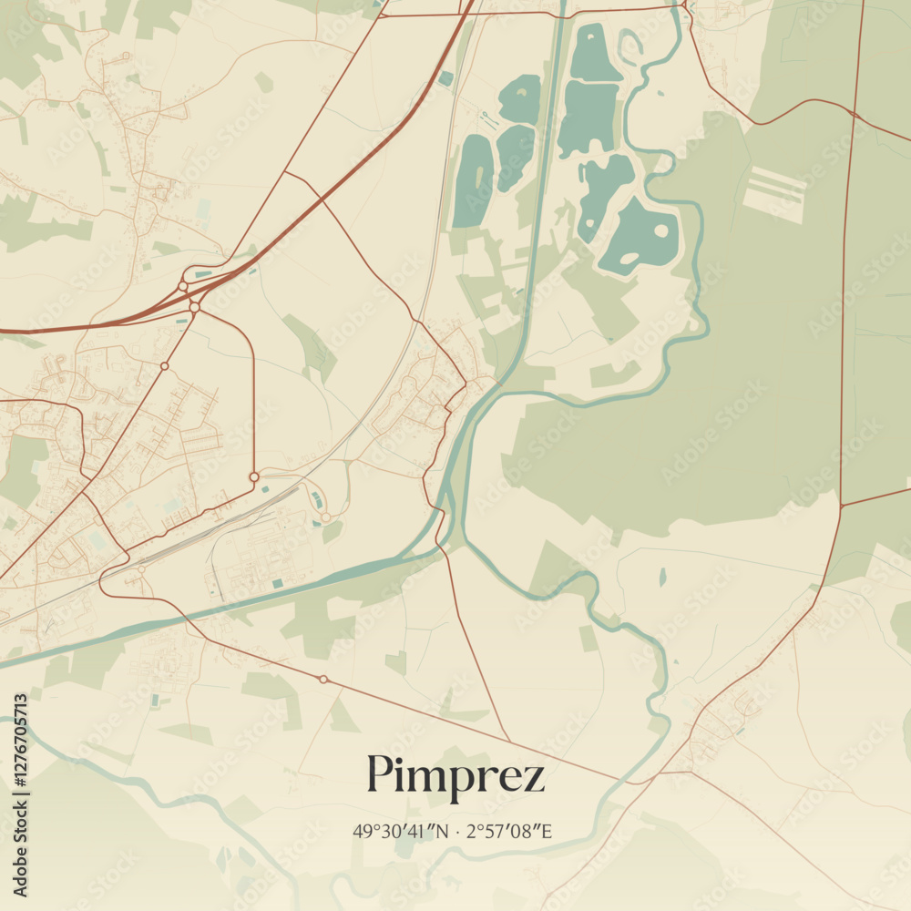 Fototapeta premium Vintage map of Pimprez, France.