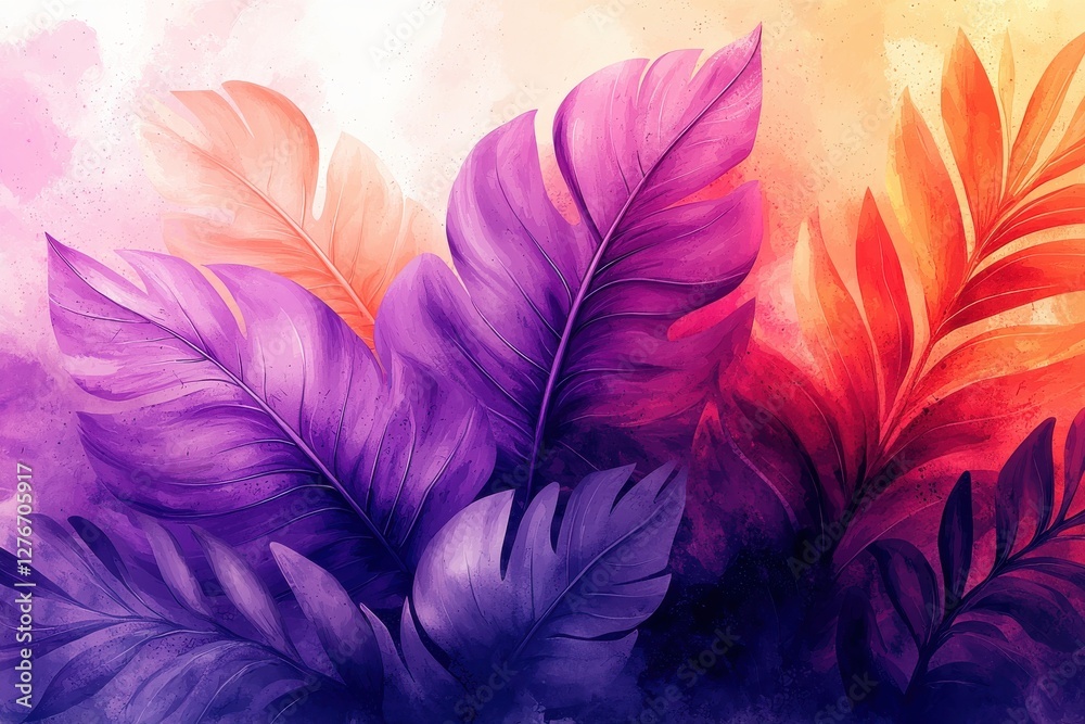 Obraz premium Colorful watercolor-styled tropical leaves in vibrant purple, orange, and pink hues