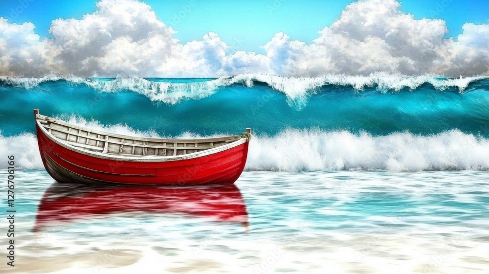 Fototapeta premium Red Boat on Sandy Beach Facing Approaching Large Wave Under Bright Sky
