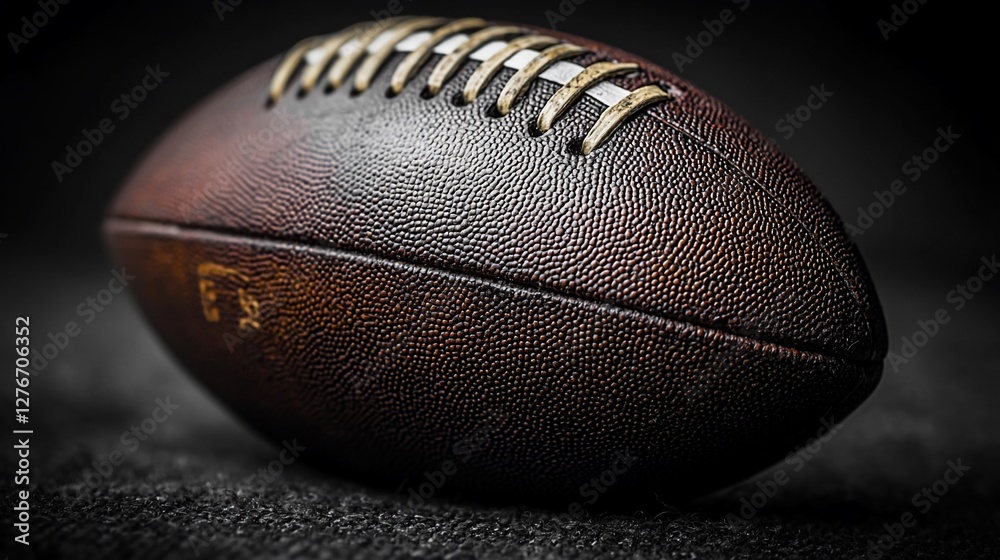 Close-up of a weathered football resting on a dark surface, showcasing its texture and details Close-up of a weathered football resting on a dark surface, showcasing its texture and details