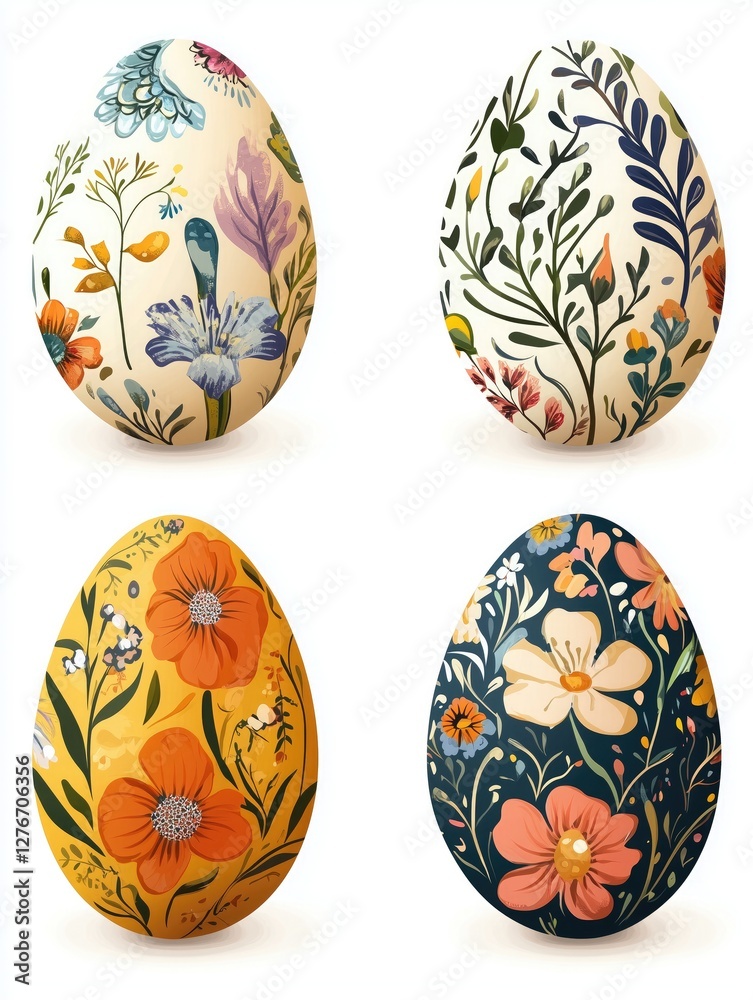 Set of four Easter eggs showcasing diverse and colorful floral patterns. Set of four Easter eggs showcasing diverse and colorful floral patterns.
