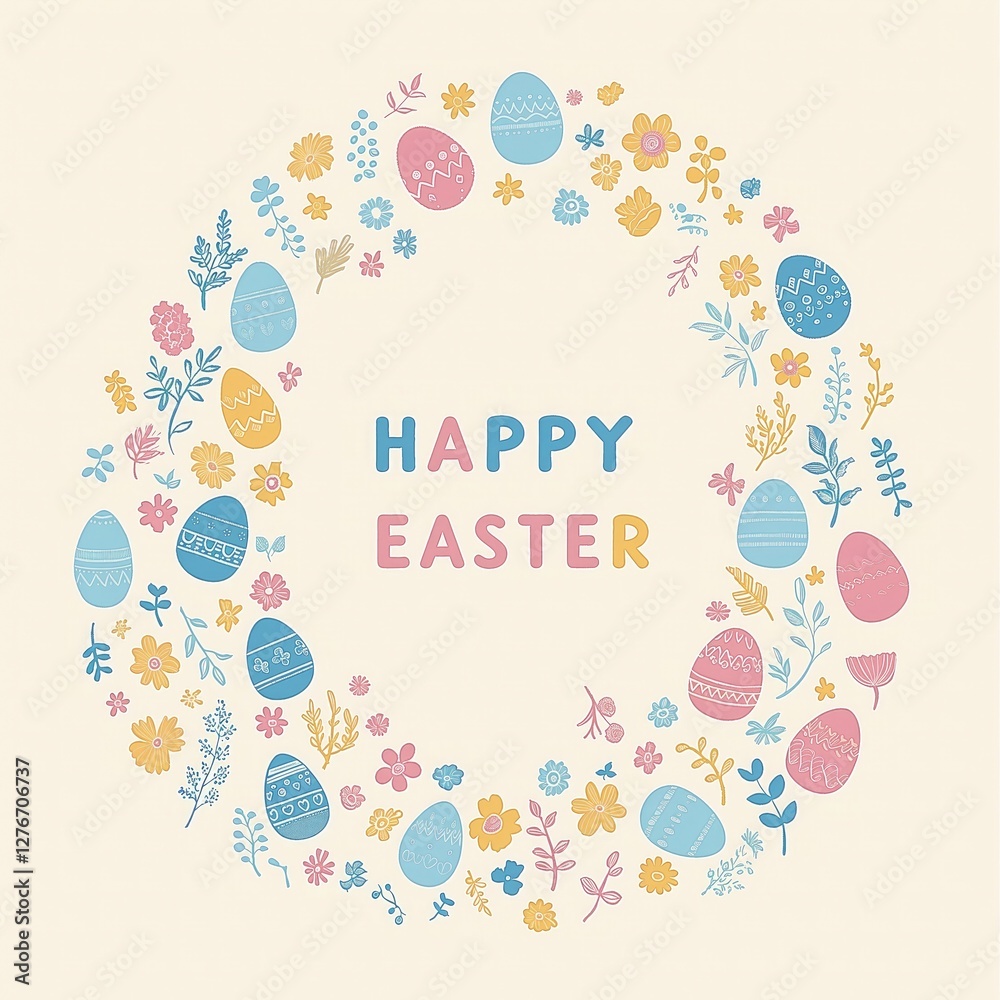 Happy Easter circular design with colorful eggs and flowers. Happy Easter circular design with colorful eggs and flowers.