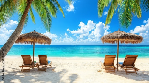 Tropical vacations are often represented by beach chairs, an umbrella, and palm trees beside the shore