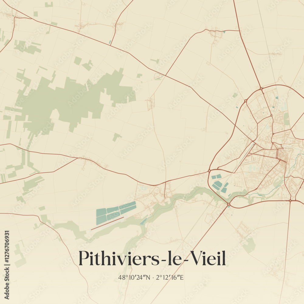 Fototapeta premium Vintage map of Pithiviers-le-Vieil, France.