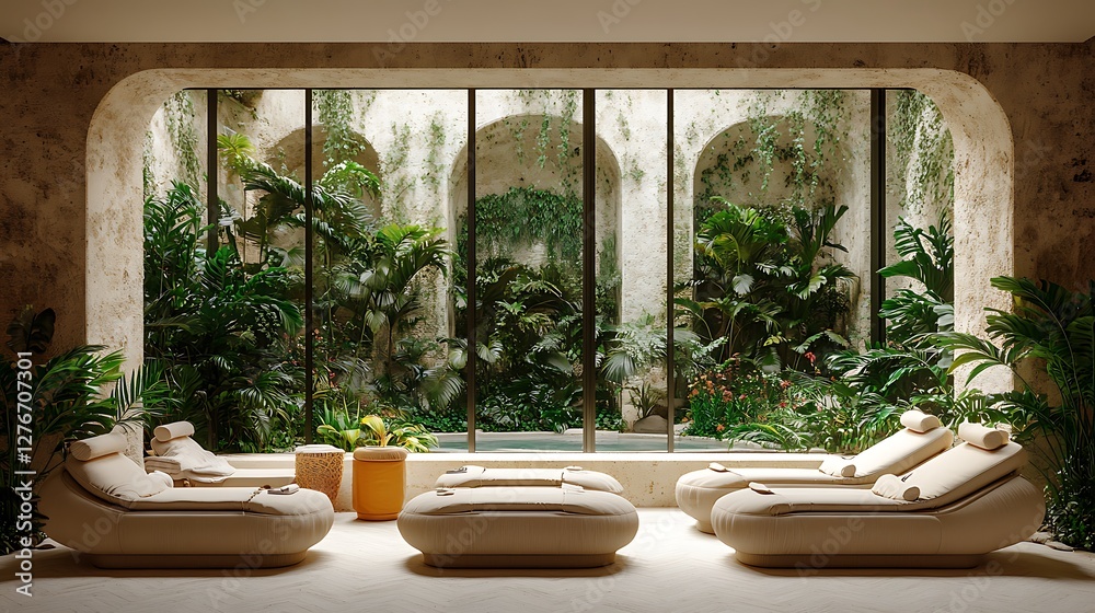 Fototapeta premium • Minimalist garden villa resort and spa, perfectly poised on a plain white backdrop with no distracting shadows, emphasizing geometric form. High-contrast lighting exposes each carefully planned 