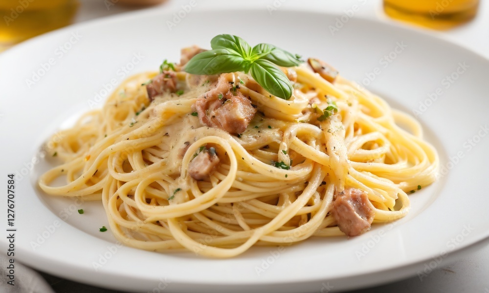 Creamy Pasta Dish with Fresh Basil Garnish on White Plate Creamy Pasta Dish with Fresh Basil Garnish on White Plate
