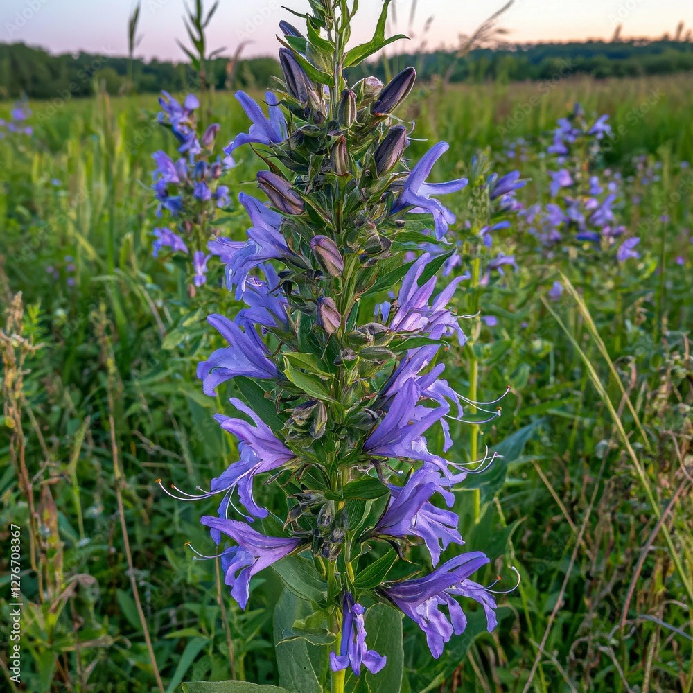 Fototapeta premium Vibrant Purple Wildflowers in a Summer Field at Sunset