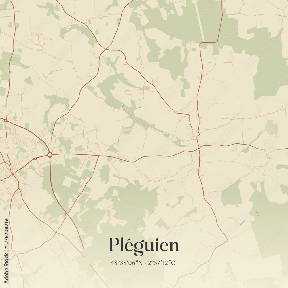 Fototapeta premium Vintage map of Pléguien, France.