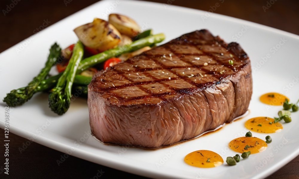 Grilled Steak with Vegetables on a White Plate Grilled Steak with Vegetables on a White Plate