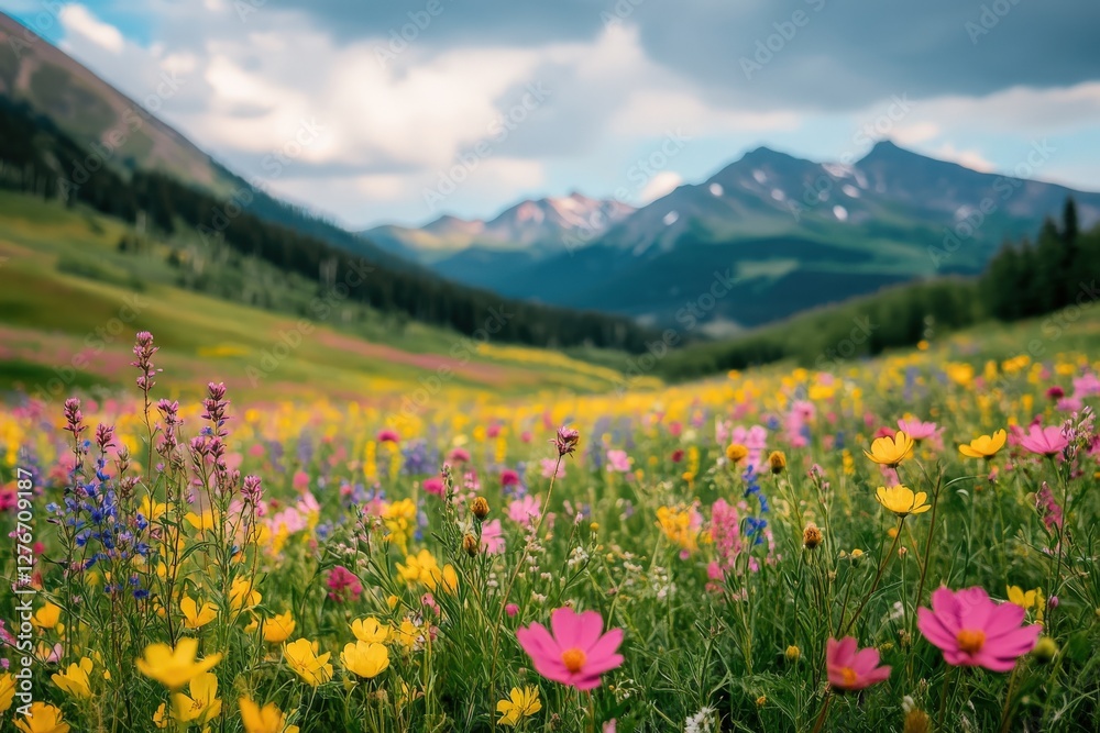 A vibrant field of blooming flowers with towering mountains behind A vibrant field of blooming flowers with towering mountains behind