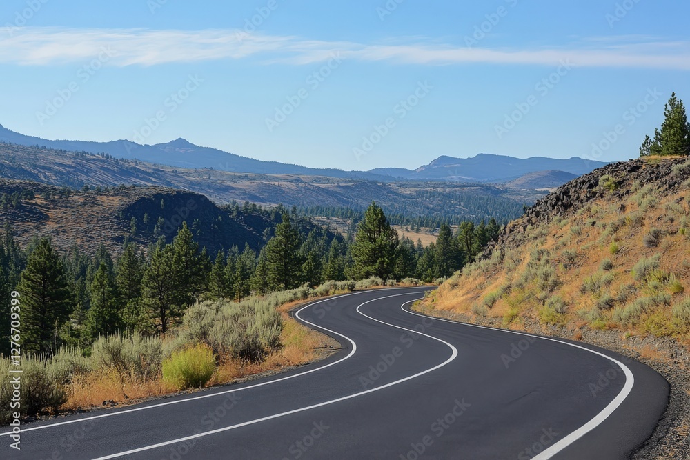 A long and curvy road winding through the mountains on a sunny day A long and curvy road winding through the mountains on a sunny day