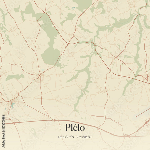 Vintage map of Plélo, France.