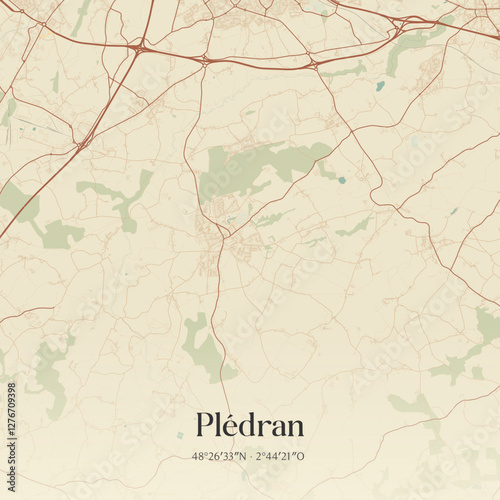 Vintage map of Plédran, France.