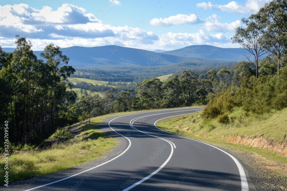 Fototapeta premium A long and curvy road winding through the mountains on a sunny day