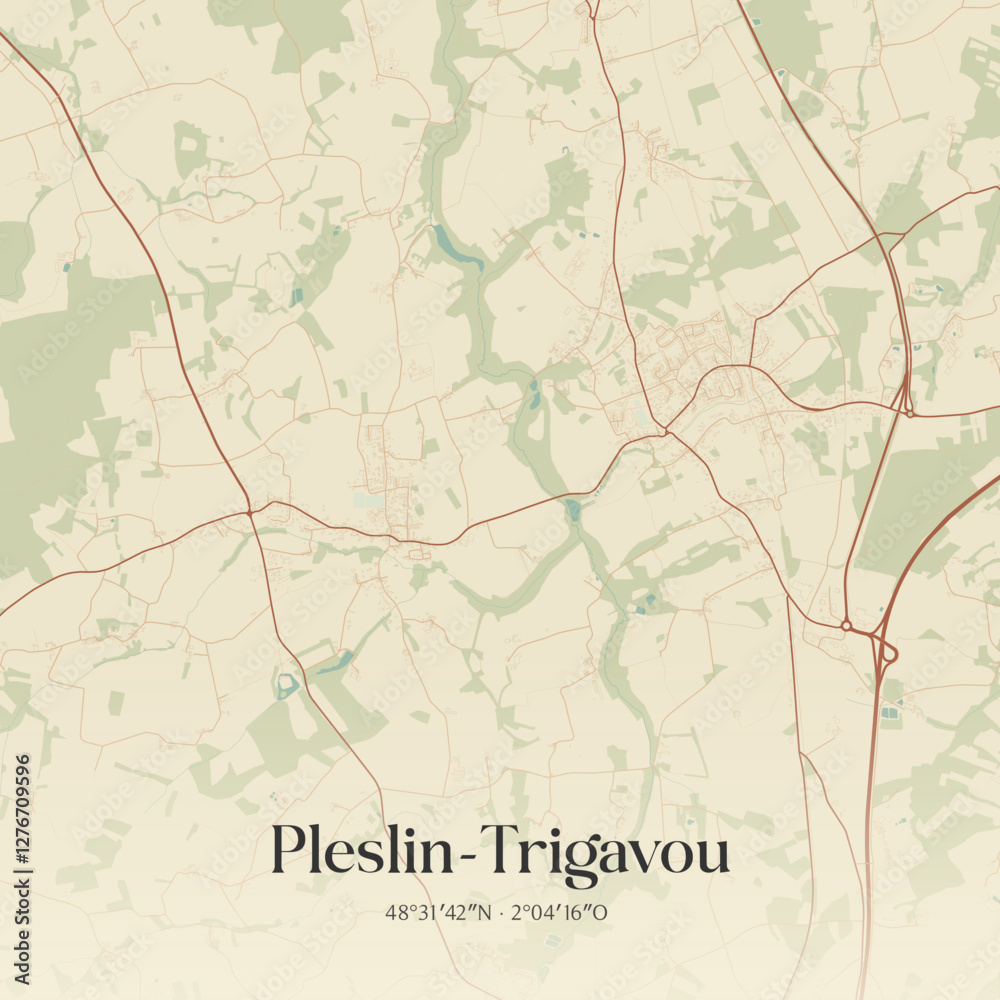 Fototapeta premium Vintage map of Pleslin-Trigavou, France.