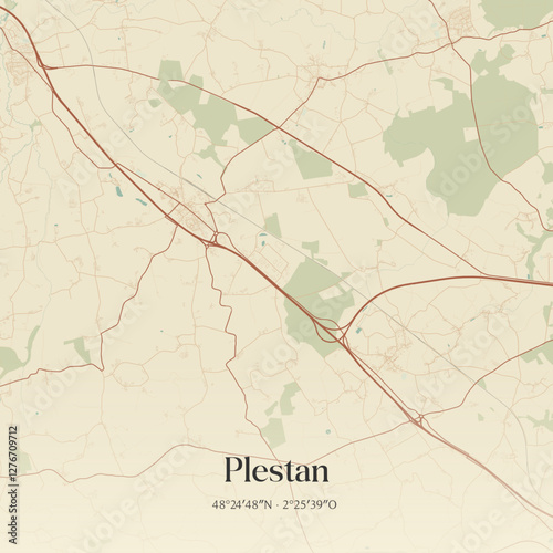 Vintage map of Plestan, France.