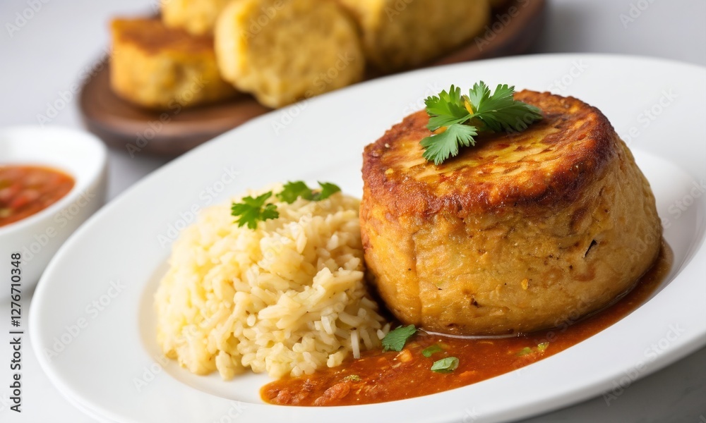 Savory Corn Cake with Rice and Sauce on White Plate Presentation Savory Corn Cake with Rice and Sauce on White Plate Presentation