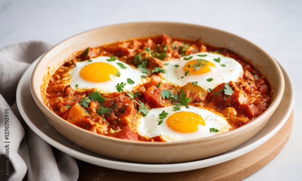 Delicious Shakshuka with Eggs and Spicy Tomato Sauce in Dish Delicious Shakshuka with Eggs and Spicy Tomato Sauce in Dish