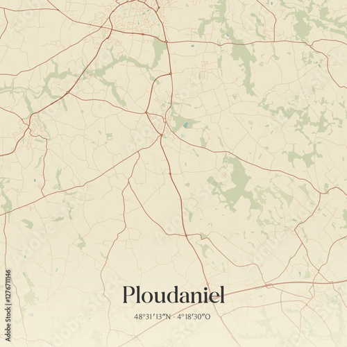Vintage map of Ploudaniel, France.