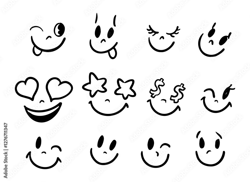Naklejka premium Happy doodle smiley collection isolated on white background. Simple faces. Cute icon set. Vector Illustration.