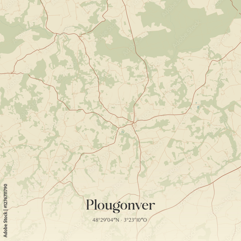 Fototapeta premium Vintage map of Plougonver, France.