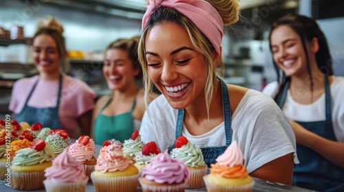 Joyful Bakery Scene with Women Decorating Colorful Cupcakes