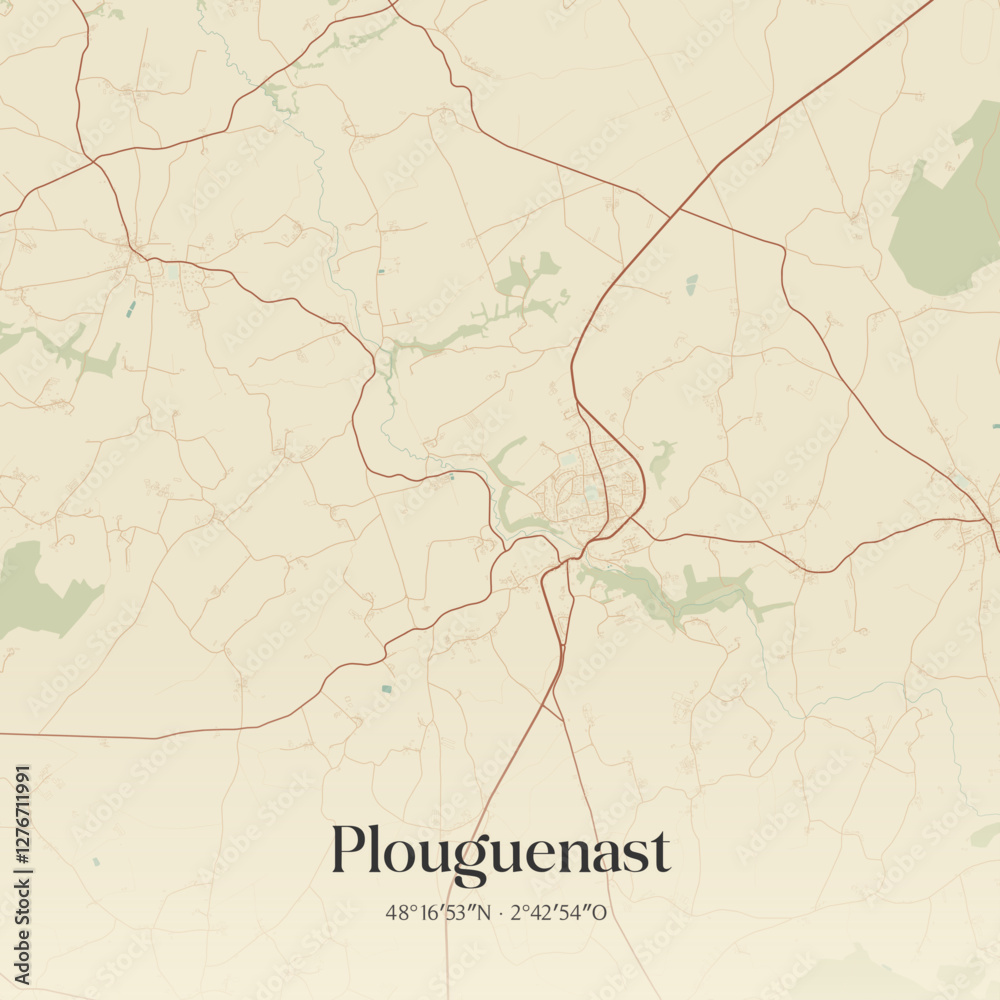 Fototapeta premium Vintage map of Plouguenast, France.