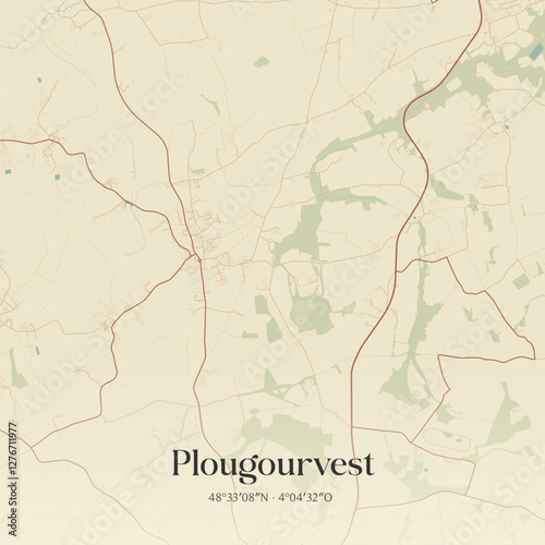 Vintage map of Plougourvest, France.