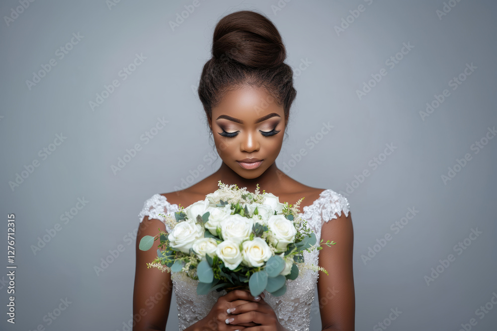 Elegant bride holding a beautiful bouquet with a serene expression against a neutral background Elegant bride holding a beautiful bouquet with a serene expression against a neutral background
