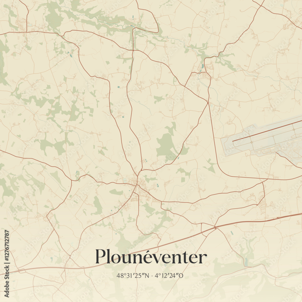 Fototapeta premium Vintage map of Plounéventer, France.