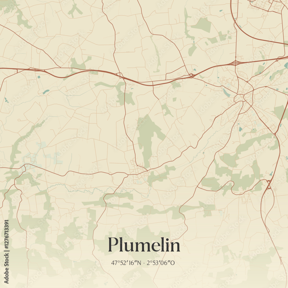 Fototapeta premium Vintage map of Plumelin, France.