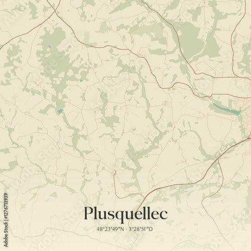 Vintage map of Plusquellec, France.