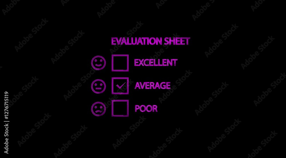 Glowing Average Evaluation Sheet Square Check List animation on black color background.
