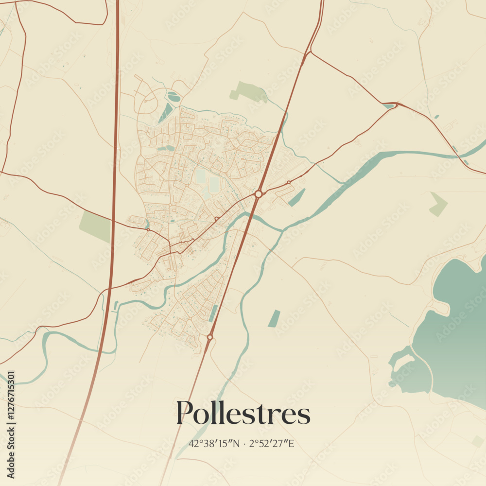 Fototapeta premium Vintage map of Pollestres, France.
