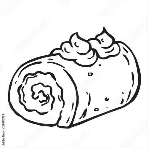 homemade roll with whipped cream. vector illustration in doodle style