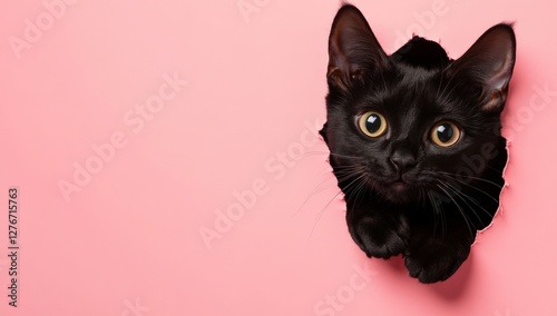 A black cats head is curiously sticking out of a hole in a pink wall photo