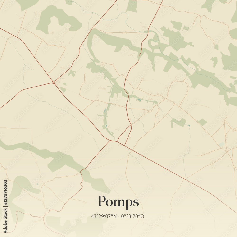 Fototapeta premium Vintage map of Pomps, France.