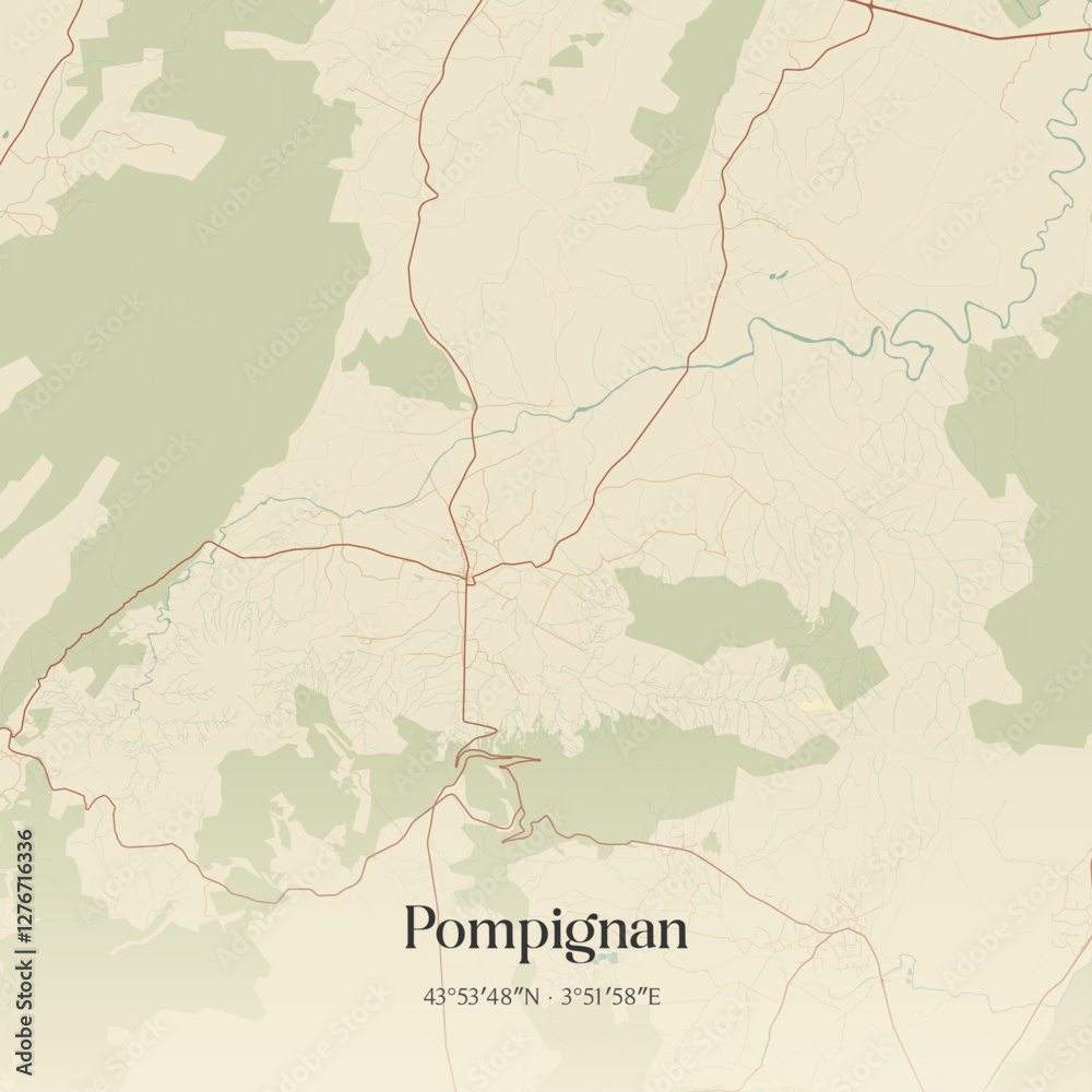 Fototapeta premium Vintage map of Pompignan, France.