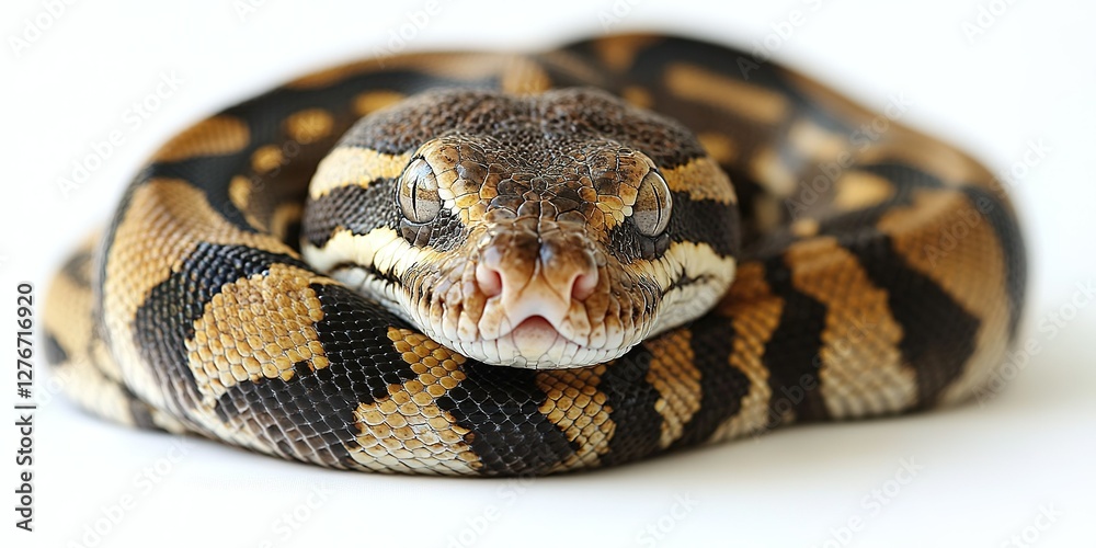 Obraz premium Colorful ball python curled comfortably in a relaxed pose on a light surface