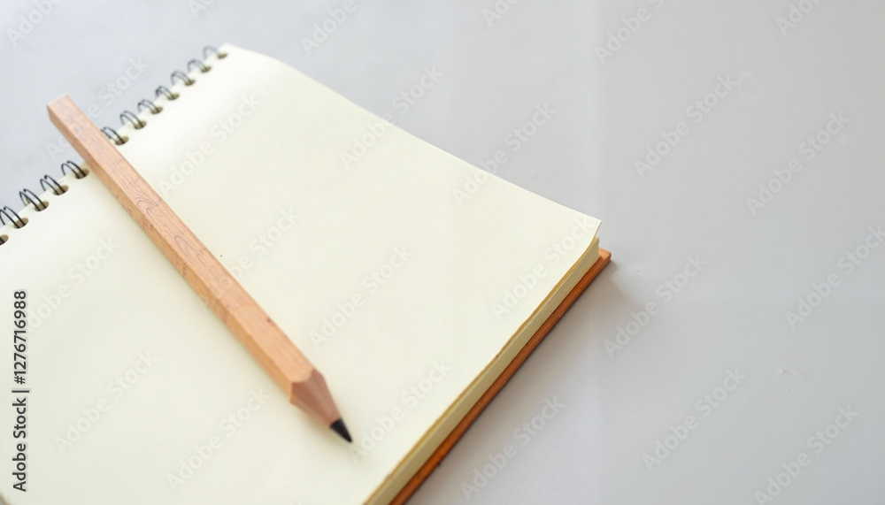 A top view of a notepad mockup with a pencil placed diagonally on a clean white surface. This mockup is perfect for presenting stationery designs, brand logos A top view of a notepad mockup with a pencil placed diagonally on a clean white surface. This mockup is perfect for presenting stationery designs, brand logos