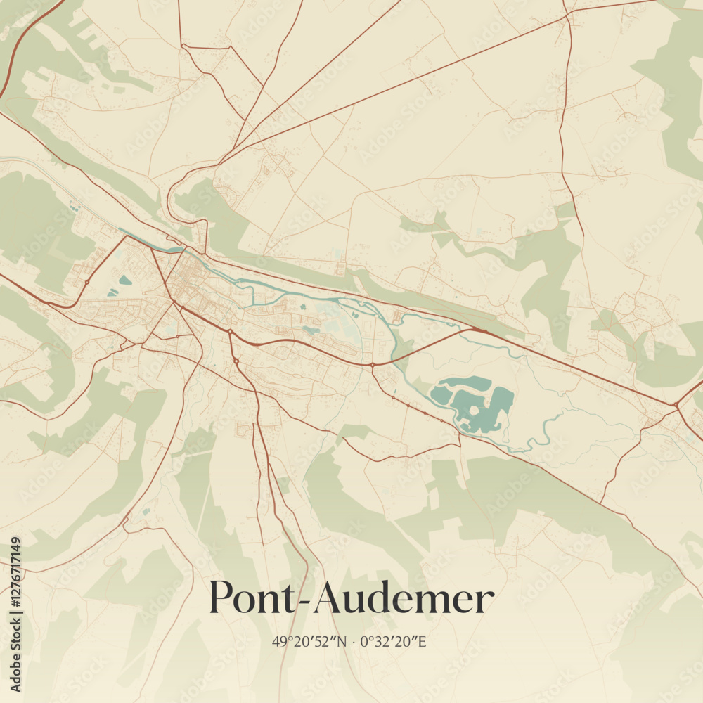 Fototapeta premium Vintage map of Pont-Audemer, France.