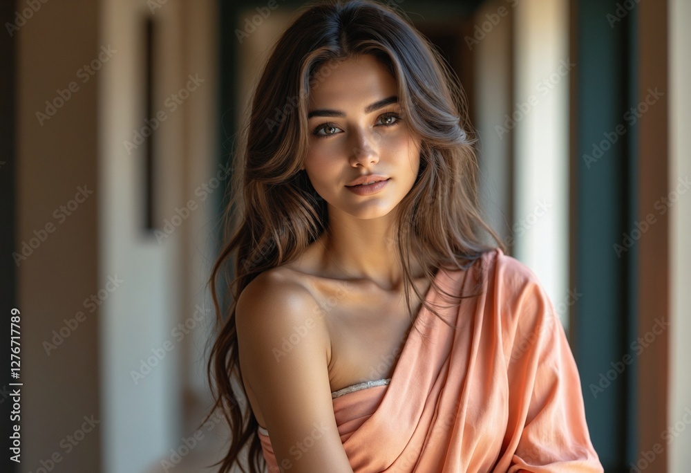 A beautiful woman in blouse-less peach saree A beautiful woman in blouse-less peach saree