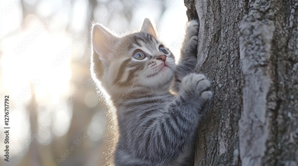 Fototapeta premium A curious kitten emerges from behind a tree trunk