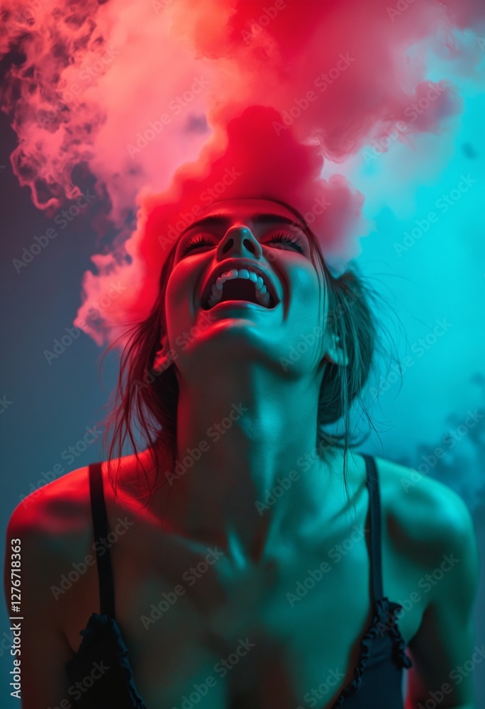 Fototapeta premium A dramatic portrait of a woman expressing intense emotion with colorful smoke and lighting in the background