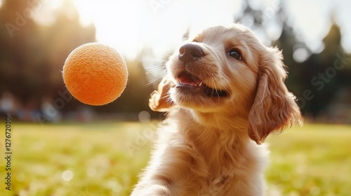 A Golden Retriever glances up at an orange ball hovering in the air photo